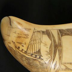 American Scrimshaw Whale Tooth, Pod of Three Whales and Longboat, circa 1850