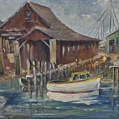 Antique Oil on Artists Board Harbor Wharf Impressionist Painting, 19th century