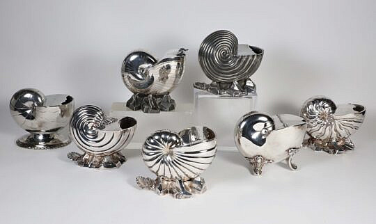 Group of Seven Silver Plated Nautilus Shell Spoon Warmers 19th/20th Century