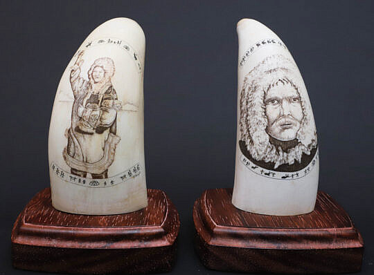 Two P. Hayder Signed Scrimshawed Whale Teeth