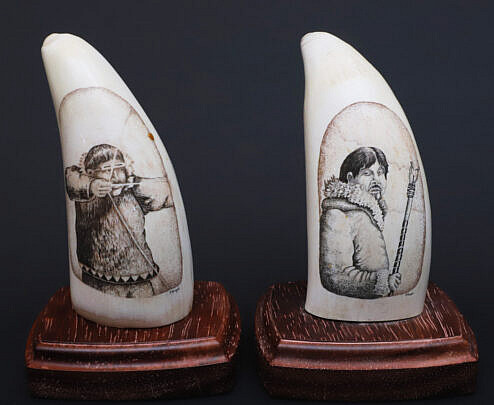 Two P. Hayder Signed Scrimshawed Whale Teeth