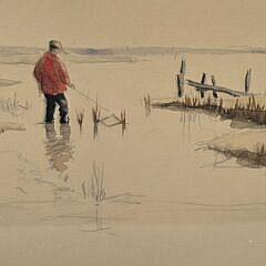 Scarce Doris and Richard Beer Nantucket Watercolor on Paper, “Lone Fisherman”, Painting
