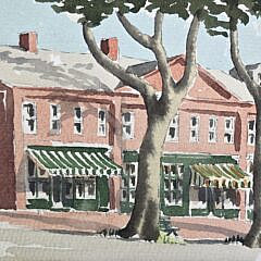 Scarce Doris and Richard Beer Miniature Nantucket Watercolor “Corner Stores”, on Main Street