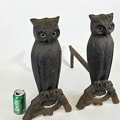 Pair of Heroic Antique Extra Large Cast Iron Figural Owl Andirons, circa 1920s