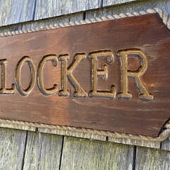 Vintage Carved and Painted Ship’s Lamp Locker Nautical Trade Sign, 20th century