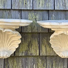 Pair of Vintage Carved and Painted Shell Wall Bracket Shelves, 20th century