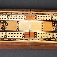 Vintage Bone and Multiwood Inlaid Folding Cribbage Board