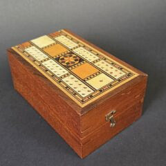 Vintage Bone and Multiwood Inlaid Folding Cribbage Board