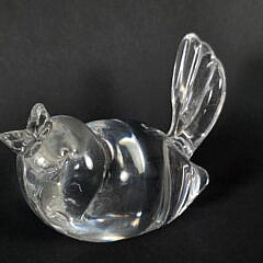 Signed Steuben Clear Crystal Figural Finch Bird Hand Cooler Paperweight, 20th century