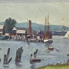 Harold Rotenberg Oil on Artist Board Coastal Harbor Village Painting, 20th century