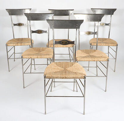 Set of Six Firenze 1863 Steel and Rush Seat Dining Chairs