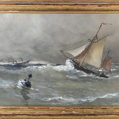 Johannes M. Loin Watercolor on Paper "Seascape with Schooner", 19th Century