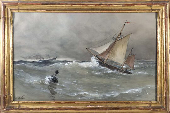 Johannes M. Loin Watercolor on Paper "Seascape with Schooner", 19th Century