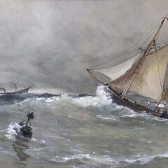 Johannes M. Loin Watercolor on Paper “Seascape with Schooner”, 19th Century