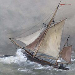 Johannes M. Loin Watercolor on Paper “Seascape with Schooner”, 19th Century