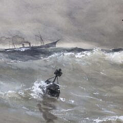 Johannes M. Loin Watercolor on Paper “Seascape with Schooner”, 19th Century