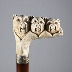 Carved Three Dogs Heads Grip Cane, 19th Century