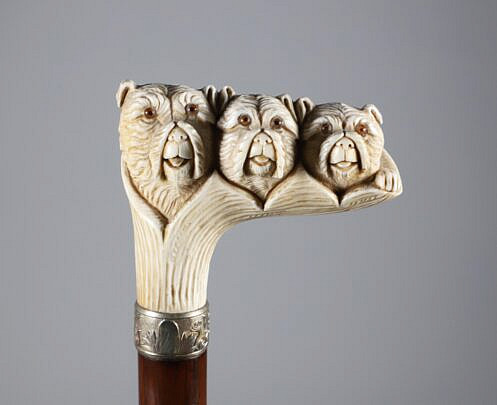 Carved Three Dogs Heads Grip Cane, 19th Century