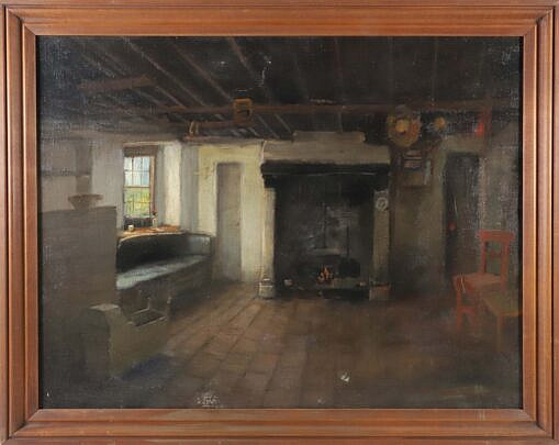 George Henry Hall Oil on Canvas "Interior Scene"