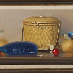 Robert Douglas Hunter Oil Artist Board "Still Life Friendship Basket and Whale Carafe"