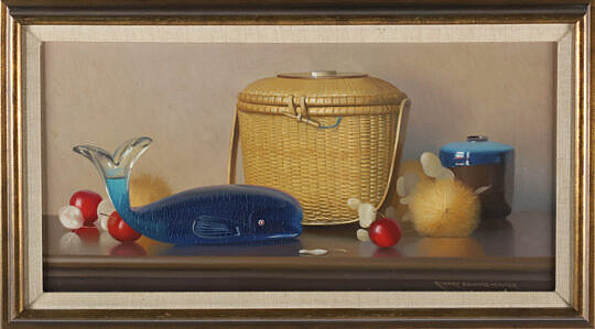 Robert Douglas Hunter Oil Artist Board "Still Life Friendship Basket and Whale Carafe"