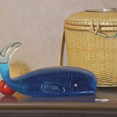 Robert Douglas Hunter Oil Artist Board “Still Life Nantucket Friendship Basket and Whale Carafe”