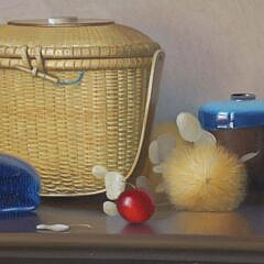 Robert Douglas Hunter Oil Artist Board “Still Life Nantucket Friendship Basket and Whale Carafe”