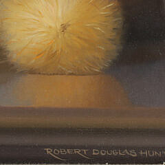 Robert Douglas Hunter Oil Artist Board “Still Life Nantucket Friendship Basket and Whale Carafe”