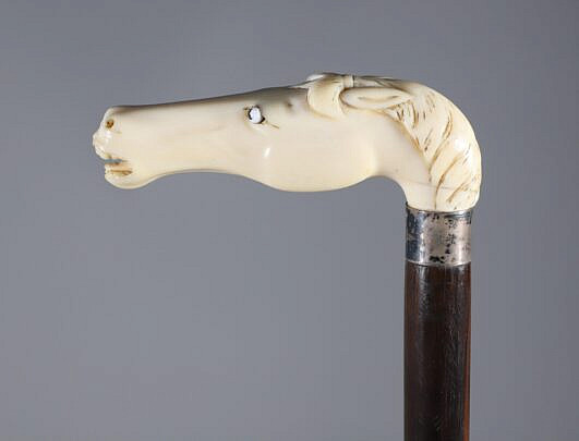 Carved Wood and Antique Ivory Horse Grip Cane, 19th Century