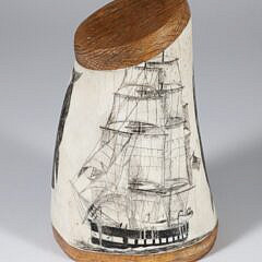JR Laubin Whale Bone and Wood Scrimshawed Sculpture Depicting a Whale and Whaling Barque