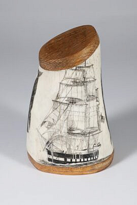 Whale Bone and Wood Scrimshawed Whale Tooth Sculpture