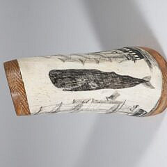 JR Laubin Whale Bone and Wood Scrimshawed Sculpture Depicting a Whale and Whaling Barque