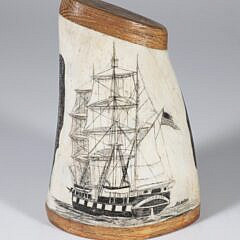 JR Laubin Whale Bone and Wood Scrimshawed Sculpture Depicting a Whale and Whaling Barque