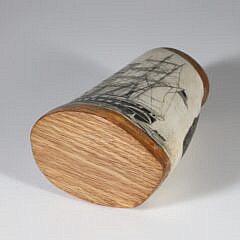 JR Laubin Whale Bone and Wood Scrimshawed Sculpture Depicting a Whale and Whaling Barque