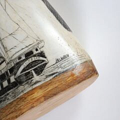JR Laubin Whale Bone and Wood Scrimshawed Sculpture Depicting a Whale and Whaling Barque