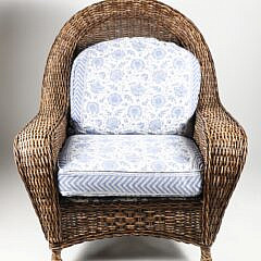 Contemporary Wicker Armchair with Blue and White Cushion
