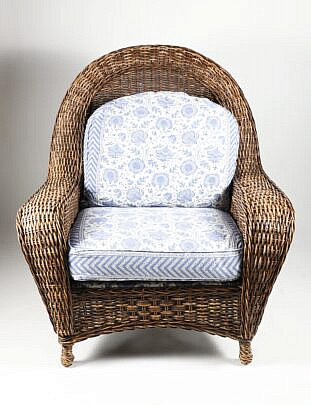 Contemporary Wicker Armchair with Blue and White Cushion