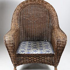 Contemporary Wicker Armchair with Blue and White Cushion