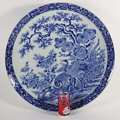 Japanese Blue and White Porcelain Charger of Hizen Ware (Crane), made by Kajiwara Kikujiro