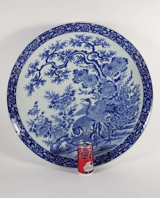 Japanese Blue and White Porcelain Charger of Hizen Ware (Crane), made by Kajiwara Kikujiro