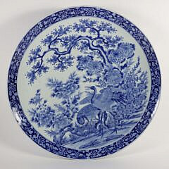 Japanese Blue and White Porcelain Charger of Hizen Ware (Crane), made by Kajiwara Kikujiro