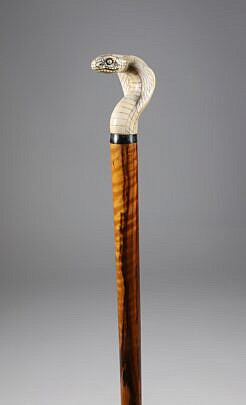 Carved and Engraved Rearing Cobra Grip Walking Stick, 19th Century