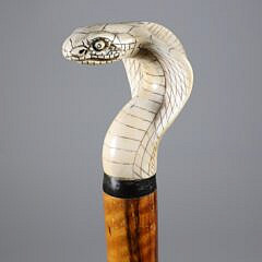 Carved and Engraved Rearing Cobra Grip Walking Stick, 19th Century
