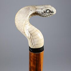 Carved and Engraved Rearing Cobra Grip Walking Stick, 19th Century