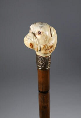 Carved Bulldog Grip Walking Stick, 19th Century