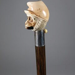 Carved Mechanical Monkey Head Walking Stick, 19th Century