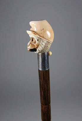 Carved Mechanical Monkey Head Walking Stick, 19th Century