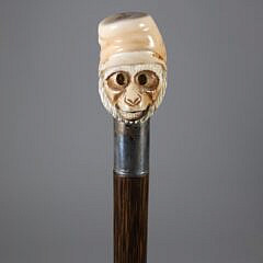 Carved Mechanical Monkey Head Walking Stick, 19th Century