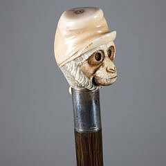 Carved Mechanical Monkey Head Walking Stick, 19th Century