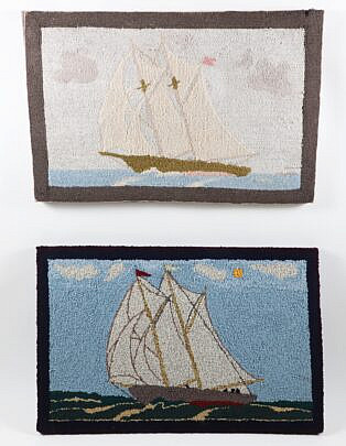 Two Antique Clipper Ship Hooked Rugs